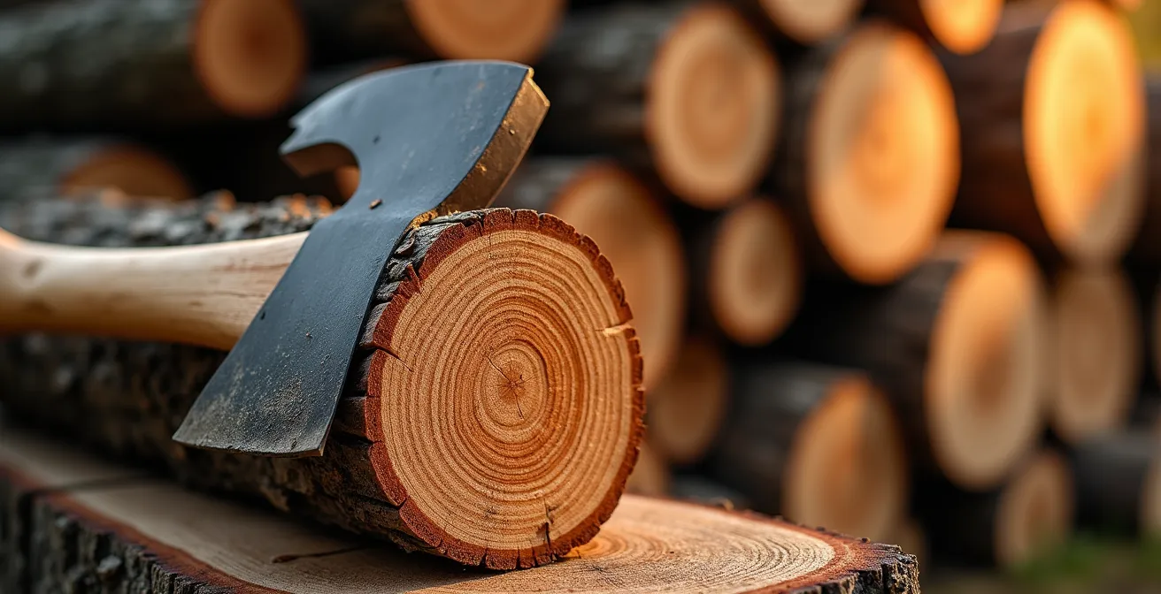 Vue macro de l'extrémité d'une bûche de chêne montrant les cernes de croissance