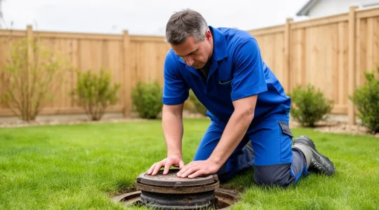 Technicien plombier intervenant sur un regard de canalisation dans un jardin résidentiel