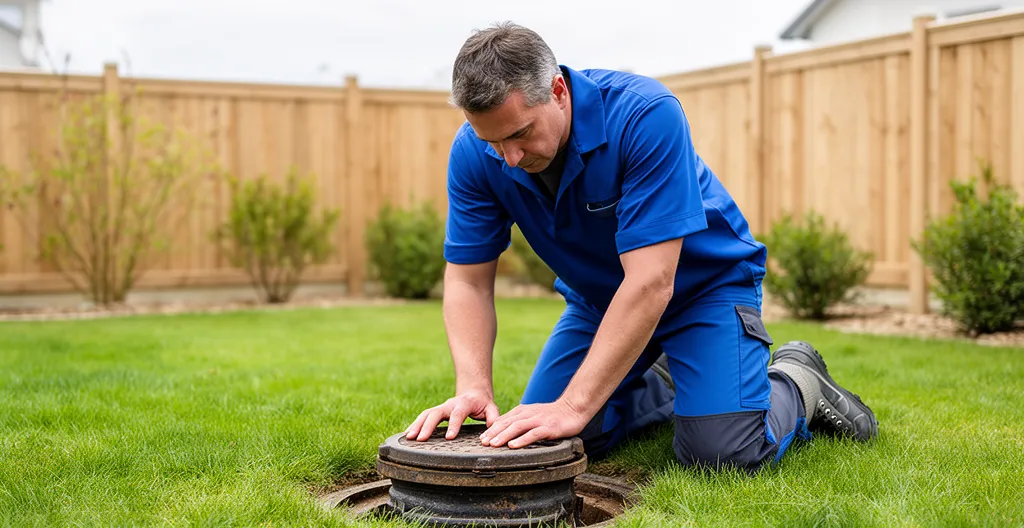 Technicien plombier intervenant sur un regard de canalisation dans un jardin résidentiel