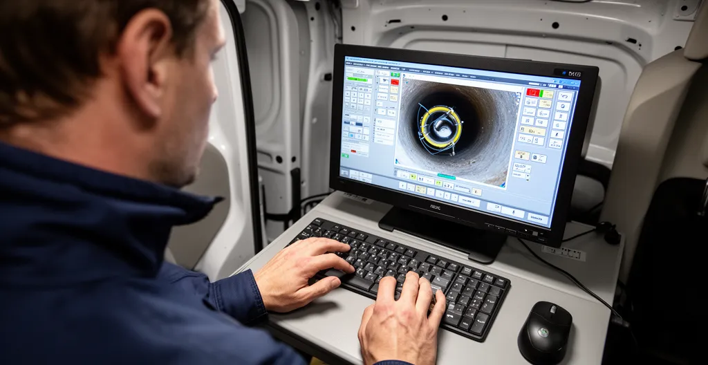 Technicien consultant l'écran de contrôle d'une caméra d'inspection de canalisation