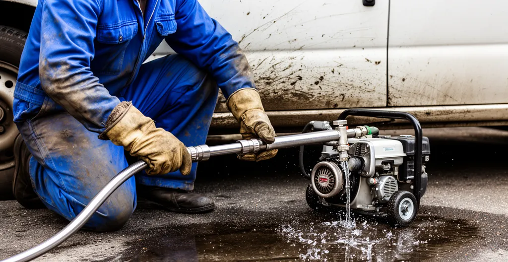 Technicien utilisant un équipement d'hydrocurage haute pression près d'un véhicule utilitaire