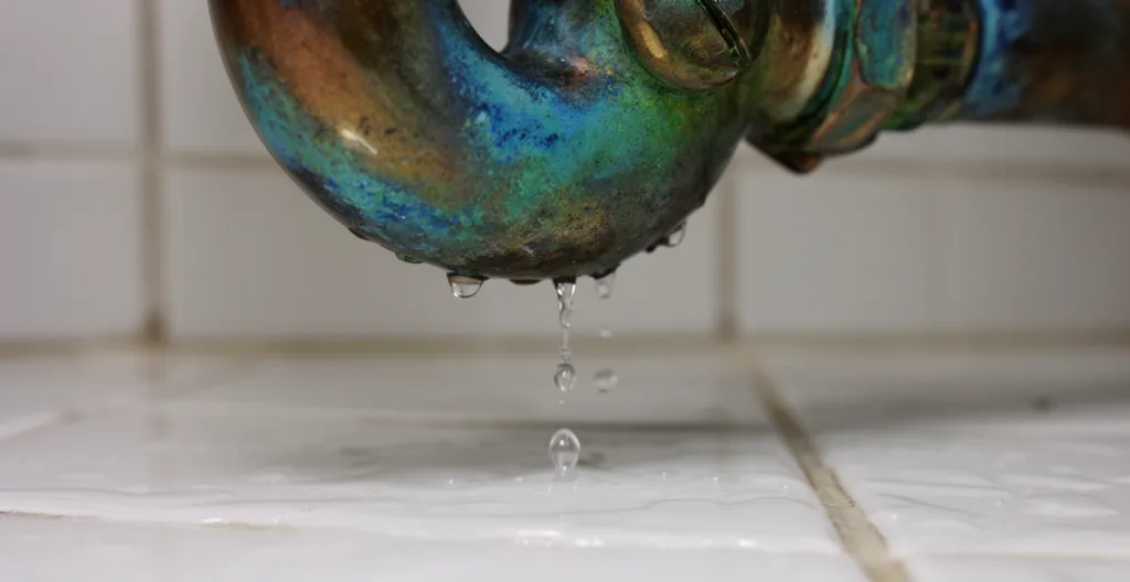 Fuite d'eau active sur tuyauterie de cuivre sous un lavabo