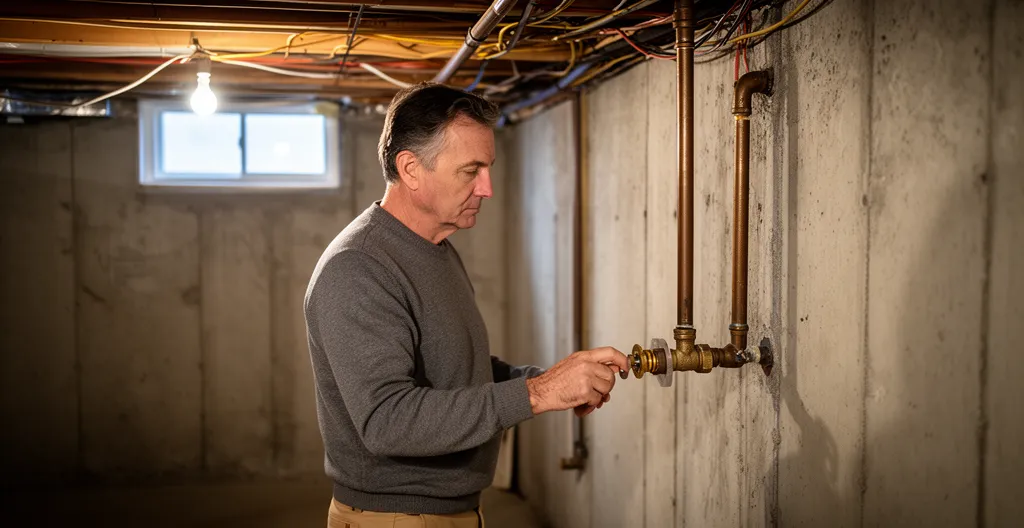Propriétaire localisant le robinet d'arrêt d'eau dans un sous-sol résidentiel
