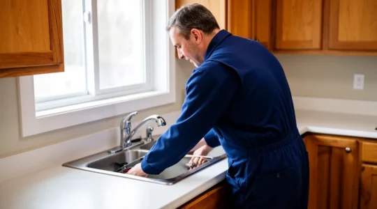 Technicien plombier inspectant une fuite sous un évier de cuisine à Montréal