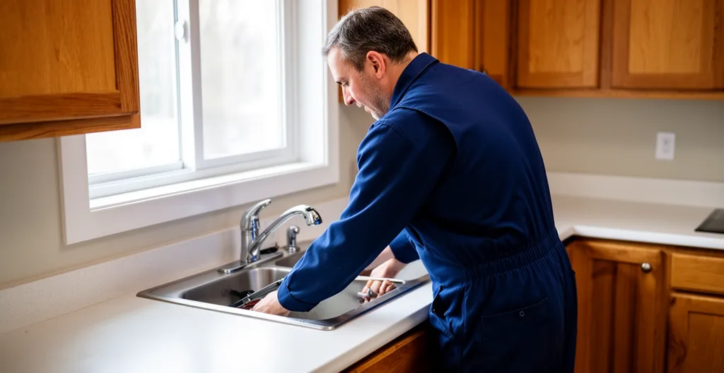 Technicien plombier inspectant une fuite sous un évier de cuisine à Montréal