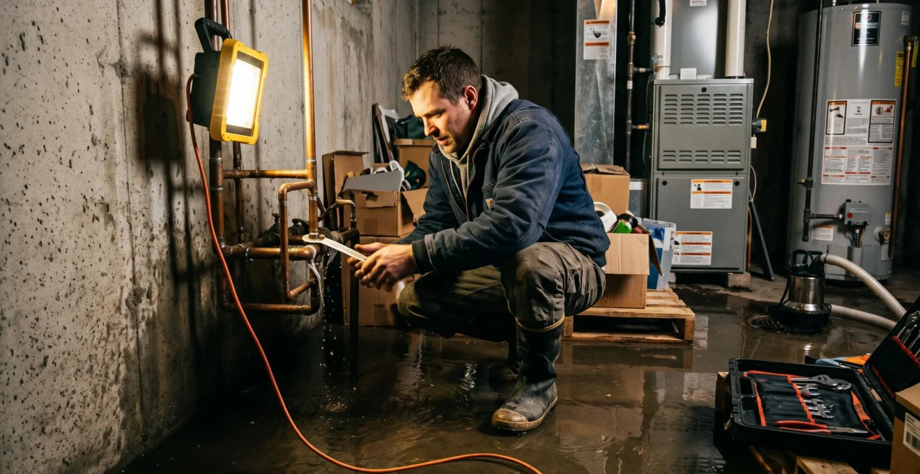 Plombier intervenant en urgence dans un sous-sol inondé, équipement de détection et pompe d'évacuation visibles, éclairage de chantier
