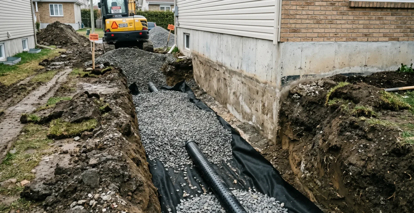 Tranchée d'excavation montrant l'installation d'un drain français le long des fondations d'une résidence québécoise, tuyaux de drainage et membrane géotextile visibles