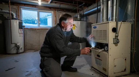 Propriétaire agenouillé inspectant une vieille fournaise dans une salle mécanique froide en hiver.